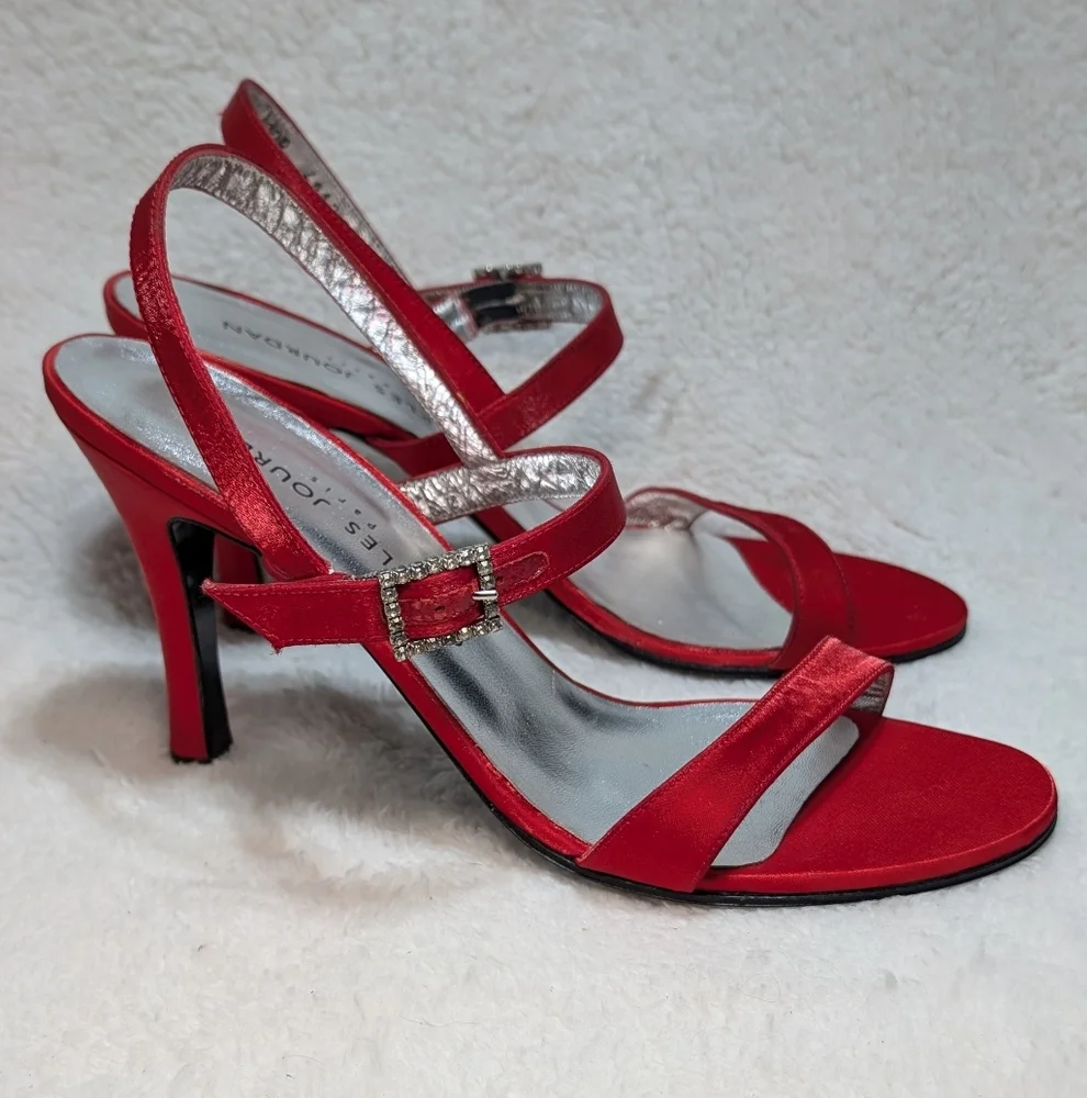 Charles Jourdan Paris Scarlet Red Satin Heels Rhinestone Square Buckle Womens 10 - Picture 3 of 12